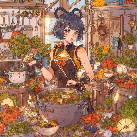 masterpiece, best quality, extremely detailed, (1girl, solo), <lora:xiangling1-000011:1>, Messy_art, xianglingdef, xianglingrnd, <lyco:Messy:1>, cooking, witch's cauldron, (big cauldron:1.5), vegetables, food, spices, in the kitchen