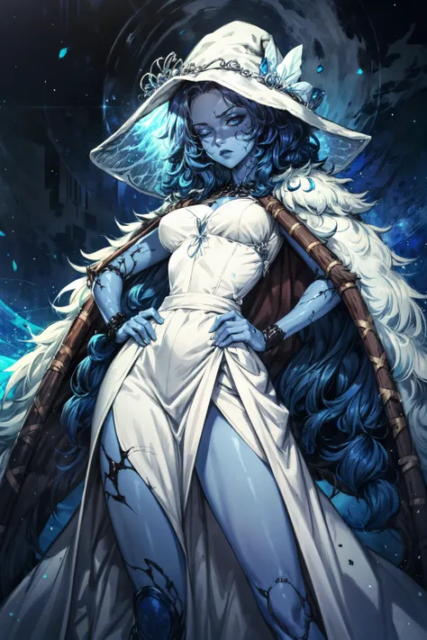 1girl,  <lora:Ranni:0.8> Ranni, wavy hair, (blue skin),colored skin, cracked skin, extra arms, joints, doll joints, (white dress),furr cape,dress,(dynamic pose),powerful pose,serious face, expressionless, half closed eyes,night,blue moon,blue moon light, starry sky,(blue particles),(detailed),(from below),hands on hips,masterpiece,extremely detailed CG unity 8k wallpaper, best quality,32k,focus sharp, <lora:add_detail:0.8>, <lora:Light and Shadow:0.6>,  <lora:Messy:0.7> Messy_art,