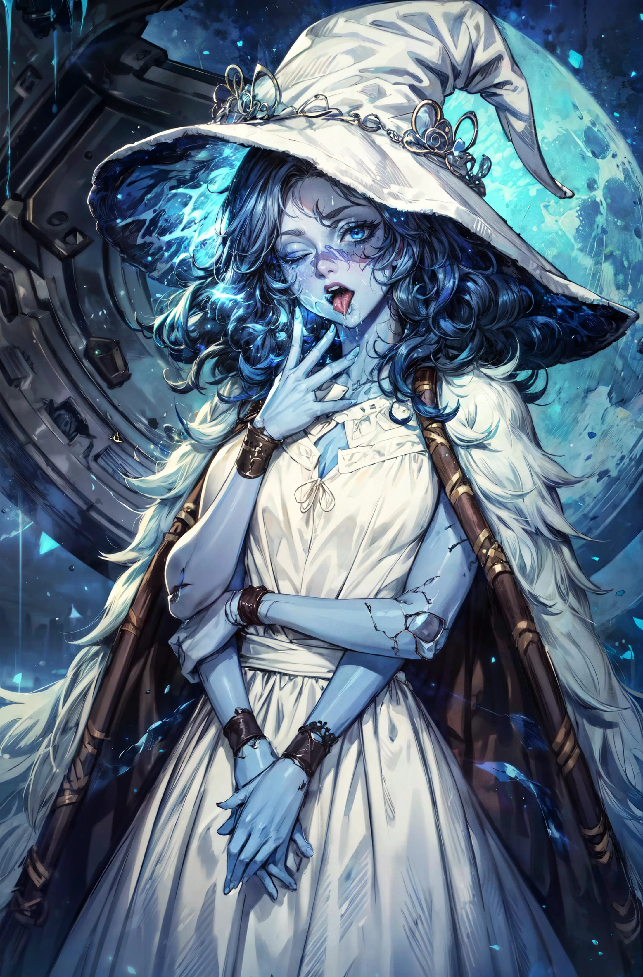 (portrait),1girl, <lora:Ranni:0.8> Ranni, wavy hair, (blue skin),colored skin, cracked skin, extra arms, joints, doll joints, (white dress),dress,serious face, expressionless, half closed eyes,night,blue moon,blue moon light, starry sky,(blue particles),(detailed),(open mouth),(tongue out),(saliva:1.4),saliva drip,(uvula),maw,(oral invitation),masterpiece,extremely detailed CG unity 8k wallpaper, best quality,32k,focus sharp, <lora:add_detail:0.8>, <lora:Light and Shadow:0.6>, <lora:Messy:0.7> Messy_art,