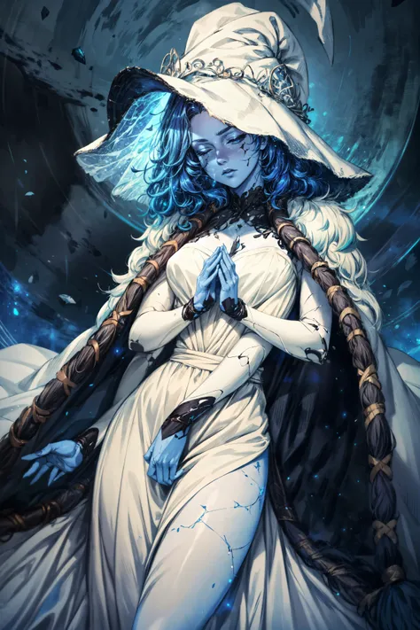 1girl, <lora:Ranni:0.8> Ranni, wavy hair, (blue skin),colored skin, cracked skin, extra arms, joints, doll joints, (white dress),furr cape,dress,(dynamic pose),powerful pose,serious face, expressionless, half closed eyes,night,blue moon,blue moon light, starry sky,(blue particles),(detailed),(from below),(lying down pose),masterpiece,extremely detailed CG unity 8k wallpaper, best quality,32k,focus sharp, <lora:add_detail:0.8>, <lora:Light and Shadow:0.6>, <lora:Messy:0.7> Messy_art,