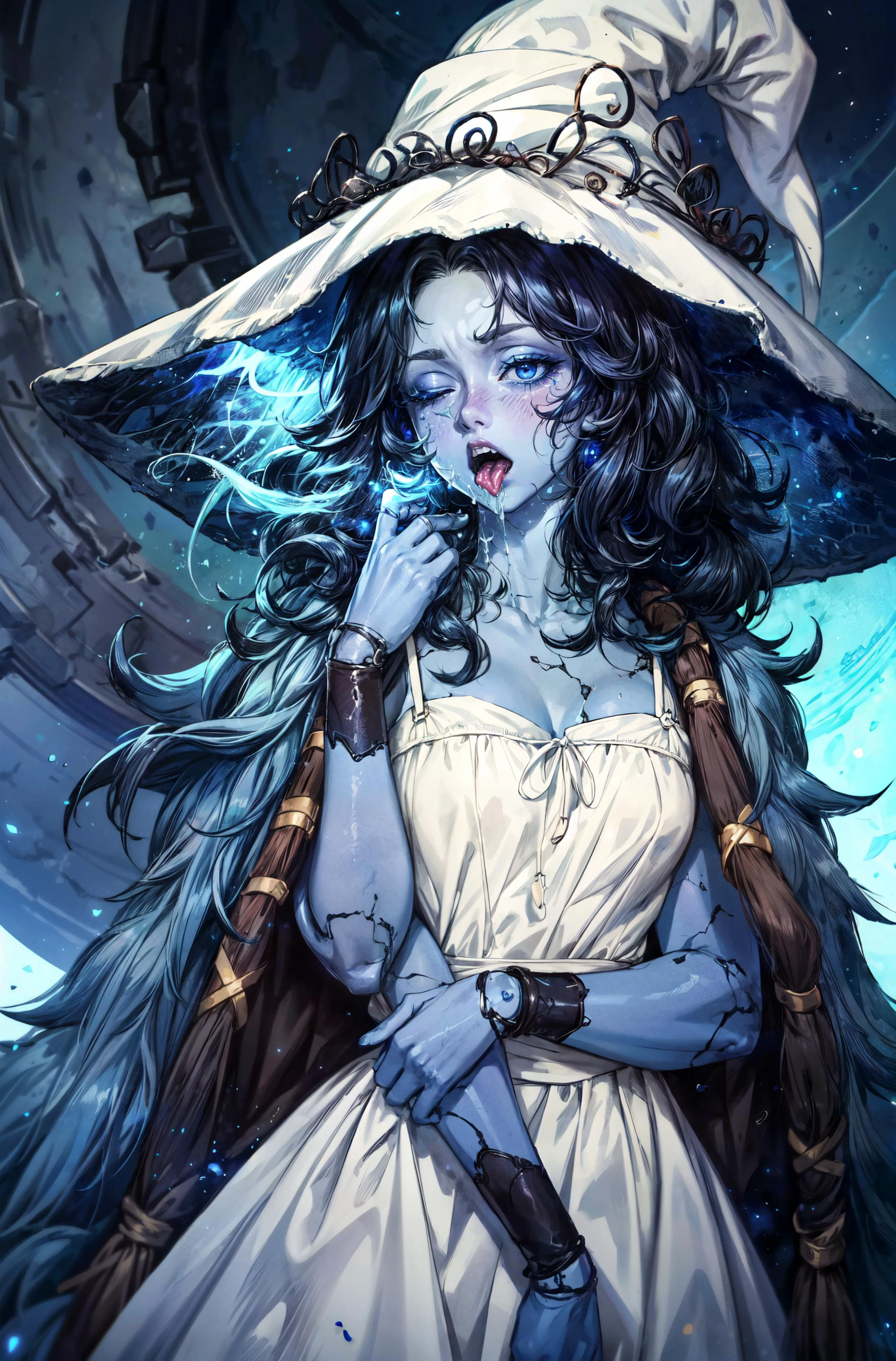 (portrait),1girl, <lora:Ranni:0.8> Ranni, wavy hair, (blue skin),colored skin, cracked skin, extra arms, joints, doll joints, (white dress),dress,serious face, expressionless, half closed eyes,night,blue moon,blue moon light, starry sky,(blue particles),(detailed),(open mouth),(tongue out),(saliva:1.4),saliva drip,(uvula),maw,(oral invitation),masterpiece,extremely detailed CG unity 8k wallpaper, best quality,32k,focus sharp, <lora:add_detail:0.8>, <lora:Light and Shadow:0.6>, <lora:Messy:0.7> Messy_art,