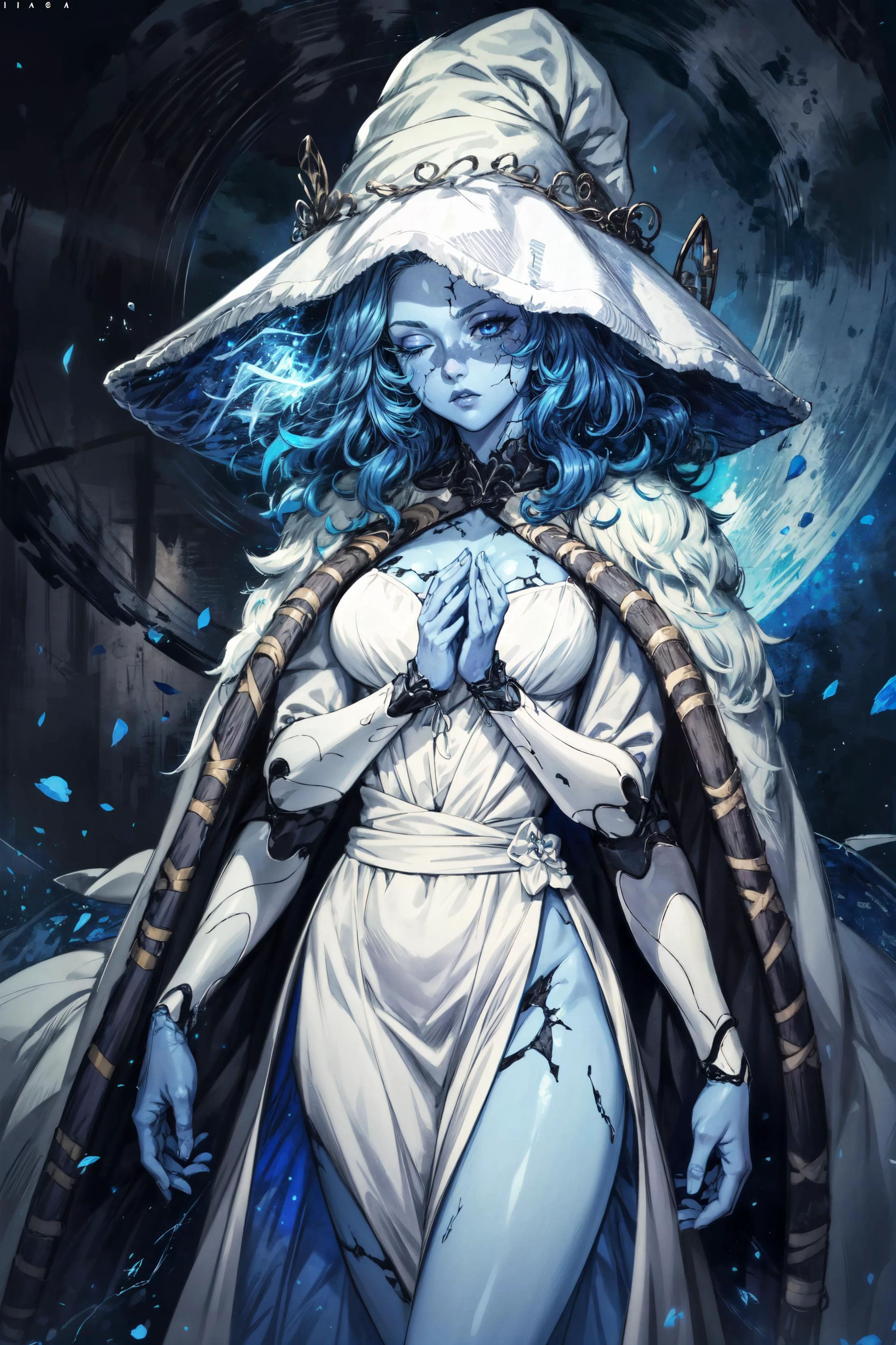 1girl, <lora:Ranni:0.8> Ranni, wavy hair, (blue skin),colored skin, cracked skin, extra arms, joints, doll joints, (white dress),furr cape,dress,(dynamic pose),powerful pose,serious face, expressionless, half closed eyes,night,blue moon,blue moon light, starry sky,(blue particles),(detailed),masterpiece,extremely detailed CG unity 8k wallpaper, best quality,32k,focus sharp, <lora:add_detail:0.8>, <lora:Light and Shadow:0.6>, <lora:Messy:0.7> Messy_art,
