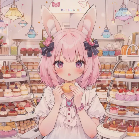 masterpiece, best quality, extremely detailed, (1girl, solo), pink hair, hare ears, pink eyes, upper body, candy shop, cakes, bows, lollipops, cotton candy, sweets, Messy_art, <lyco:Messy:0.9>