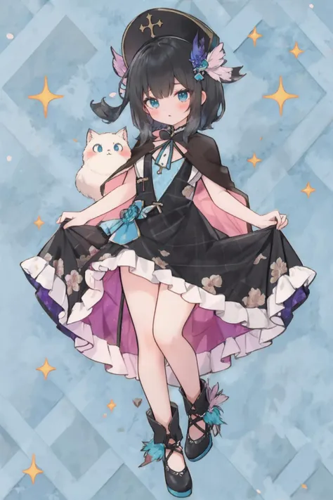 <lora:Mavis_Dracula:1>,Black hair with bangs,pale skin,1 girl,large round eyes, black eyeliner, black lipstick, neutral expression,red dress, plaid dress, floating cape, layered dress, pinstripe dress, pink robe, aqua dress, brown dress, alternate color, cross-laced skirt, frilled capelet, blue dress, floral print, frilled dress, sparkle background, argyle dress, glowing feather, leaf skirt, gradient dress, purple dress, <lora:Messy:1> Messy_art