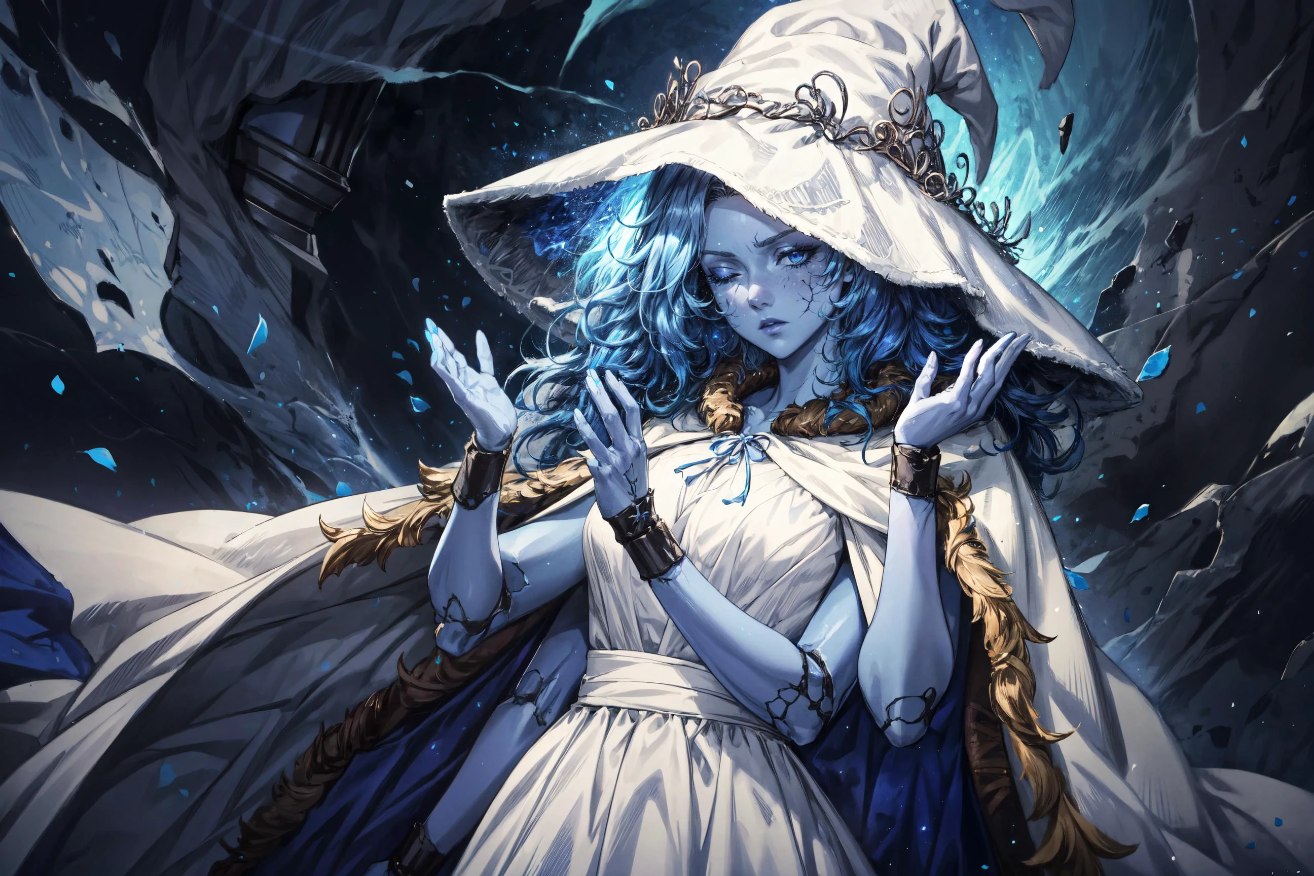 1girl, <lora:Ranni:0.8> Ranni, wavy hair, (blue skin),colored skin, cracked skin, extra arms, joints, doll joints, (white dress),furr cape,dress,(dynamic pose),powerful pose,serious face, expressionless, half closed eyes,night,blue moon,blue moon light, starry sky,(blue particles),(detailed),masterpiece,extremely detailed CG unity 8k wallpaper, best quality,32k,focus sharp, <lora:add_detail:0.8>, <lora:Light and Shadow:0.6>, <lora:Messy:0.7> Messy_art, <lora:spotlight:0.6> spotlight