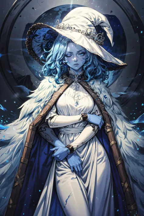 1girl,  <lora:Ranni:0.8> Ranni, wavy hair, (blue skin),colored skin, cracked skin, extra arms, joints, doll joints, (white dress),furr cape,dress,(dynamic pose),powerful pose,serious face, expressionless, half closed eyes,night,blue moon,blue moon light, starry sky,(blue particles),(detailed),masterpiece,extremely detailed CG unity 8k wallpaper, best quality,32k,focus sharp, <lora:add_detail:0.8>, <lora:Light and Shadow:0.6>,  <lora:Messy:0.7> Messy_art,  <lora:spotlight:0.6> spotlight