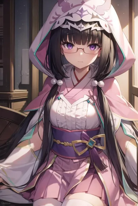osakabehime, <lyco:osakabehime-lyco-nochekaiser:1>,
osakabehime, black hair, gradient hair, long hair, low twintails, multicolored hair, (purple eyes:1.1), twintails, glasses, pink-framed eyewear,
BREAK cape, detached sleeves, hood, hood up, hooded cape, obi, yes, pink skirt, sandals, sash, skirt, tabi, white legwear, pink hood, pink cape,
BREAK looking at viewer,
BREAK indoors,
BREAK <lyco:GoodHands-beta2:1>, (masterpiece:1.2), best quality, high resolution, unity 8k wallpaper, (illustration:0.8), (beautiful detailed eyes:1.6), extremely detailed face, perfect lighting, extremely detailed CG, (perfect hands, perfect anatomy),