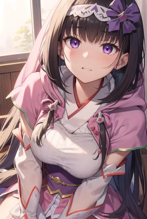 osakabehime, <lyco:osakabehime-lyco-nochekaiser:1>,
osakabehime, black hair, gradient hair, long hair, low twintails, multicolored hair, (purple eyes:1.1), twintails,
BREAK cape, detached sleeves, hood, hood up, hooded cape, obi, yes, pink skirt, sandals, sash, skirt, tabi, white legwear, pink hood, pink cape,
BREAK looking at viewer,
BREAK indoors,
BREAK <lyco:GoodHands-beta2:1>, (masterpiece:1.2), best quality, high resolution, unity 8k wallpaper, (illustration:0.8), (beautiful detailed eyes:1.6), extremely detailed face, perfect lighting, extremely detailed CG, (perfect hands, perfect anatomy),