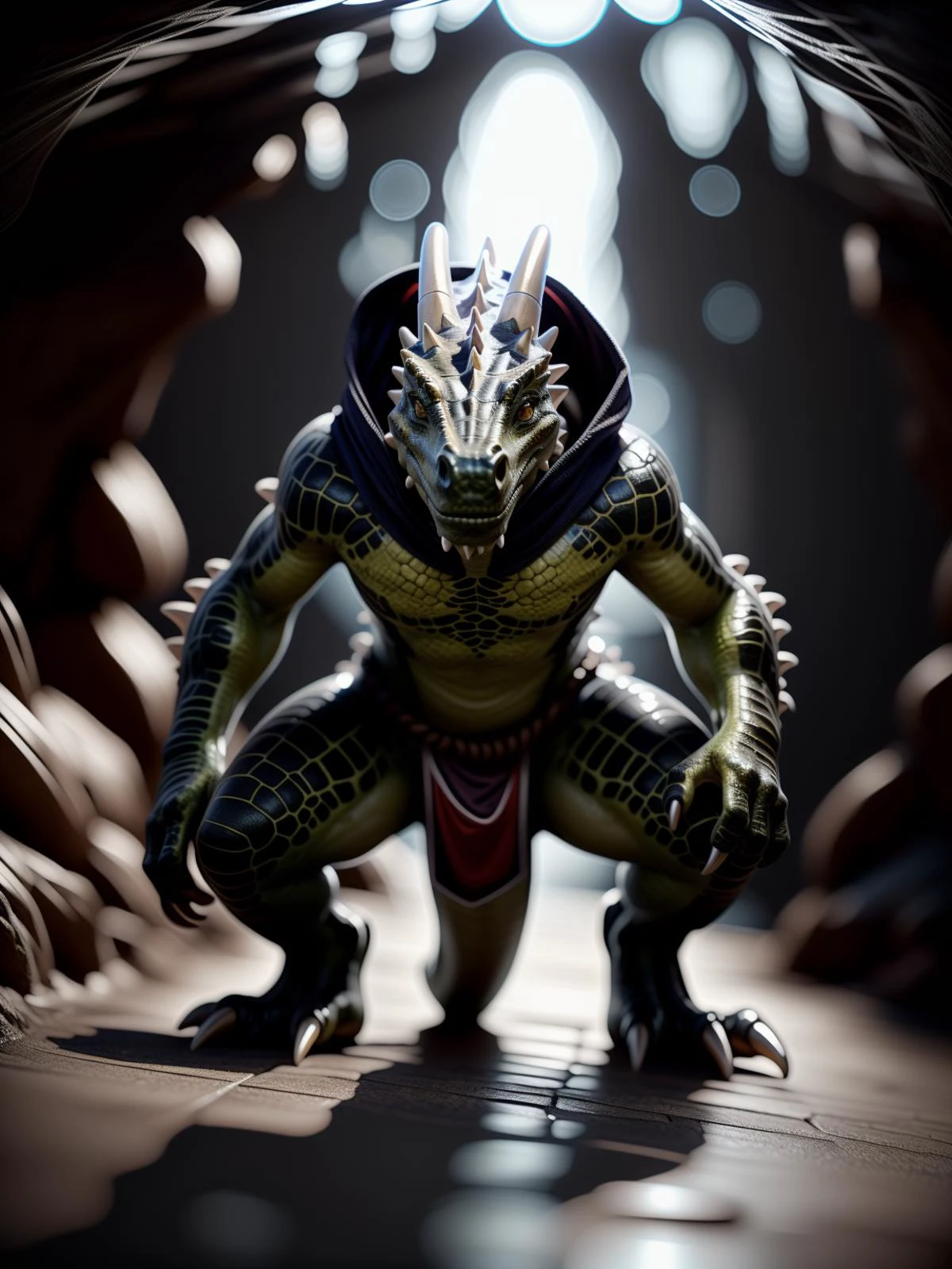 person, solo, scalie, lizard_folk, reptilian, lizardman_thief, burglar,
(scaly_skin / scales / shiny_scales), (coloured_skin:1.3), (one_well_drawn_kobold_tail), two_horns,
(loincloth), hooded_cloak, (skinny / gaunt / thin:1.8)
underground_lake_and_stalactite_cave_background, stalactites_and_stalagmites,
godrays, floating, particles,
dnd_rpg_art, (medieval_fantasy_theme), realistic_photograph, ultra-realistic,
game_of_thrones_style / lord_of_the_rings_style / dungeons_and_dragons_style.
<lora:argonian_male:0.5> argonian_male
<lora:ArgonianFRL27nO:0.35> on e621, argonian
<lora:lizard_slider_v10:2>
<lora:RPGLizardFolk:0.15> rpglizardfolk,
<lora:the lizard:0.15> sharp_teeth,
<lora:lizardman_v0.1c:0.15> lizardman
<lora:reptile:0.15>, BREAK
<quality_prompt> BREAK
<photography_prompt>