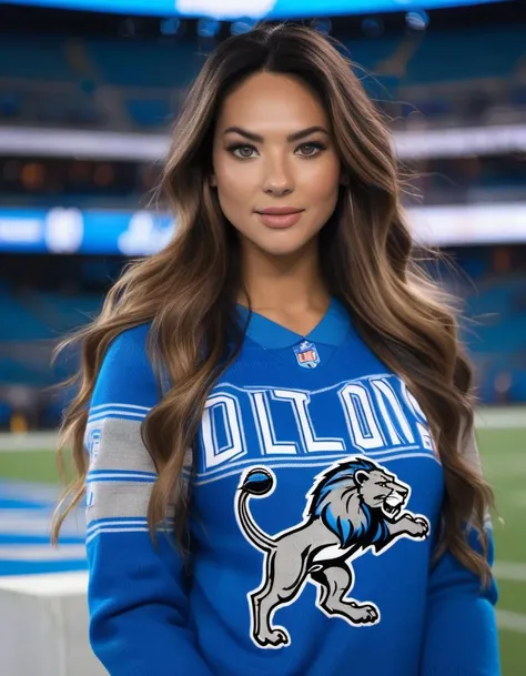 <lora:chrstnhrprgff:1> photo of chrstnhrprgff, dressed in an overly large Detroit Lions Sweater, at a football game,, detailed eyes, highly detailed, photography, ultra sharp, film, bokeh, professional, 4k,, , Nikon Z9, looking at the camera, realistic matte skin, (highly detailed), ((skin texture)), (sharp focus), high-res