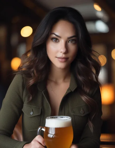 Woman, very beautiful, white and red striped shirt, White blazer, white hat with a red ribbon, very curly hair, black, Bohemia, drinking a glass of beer, White pants, realisitic, full hd, lapa arches background