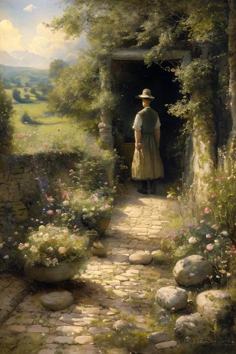 masterpiece,best quality,<lora:tbh136-:0.8>,man in rock_garden,illustration,style of Helen Allingham,