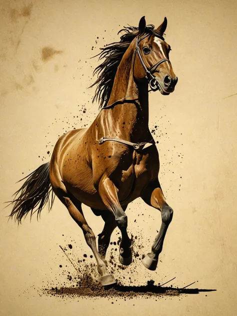 Marker Illustration, the horse gallops at great speed, dust from under hooves, dynamic shot, frozen movement, golden ratio, light and shadow play, low angle close up shooting, long exposure shot, (((masterpiece))),(((best quality))),((ultra-detailed)), <lora:Vintage_Marker:0.8>