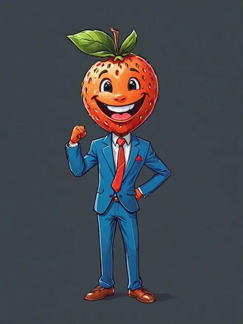 Marker Illustration, illustration of cartoon character anthropomorphic fruite smiling, (wearing a suite:1.4), dynamic pose, detailed,  <lora:Vintage_Marker:0.8>