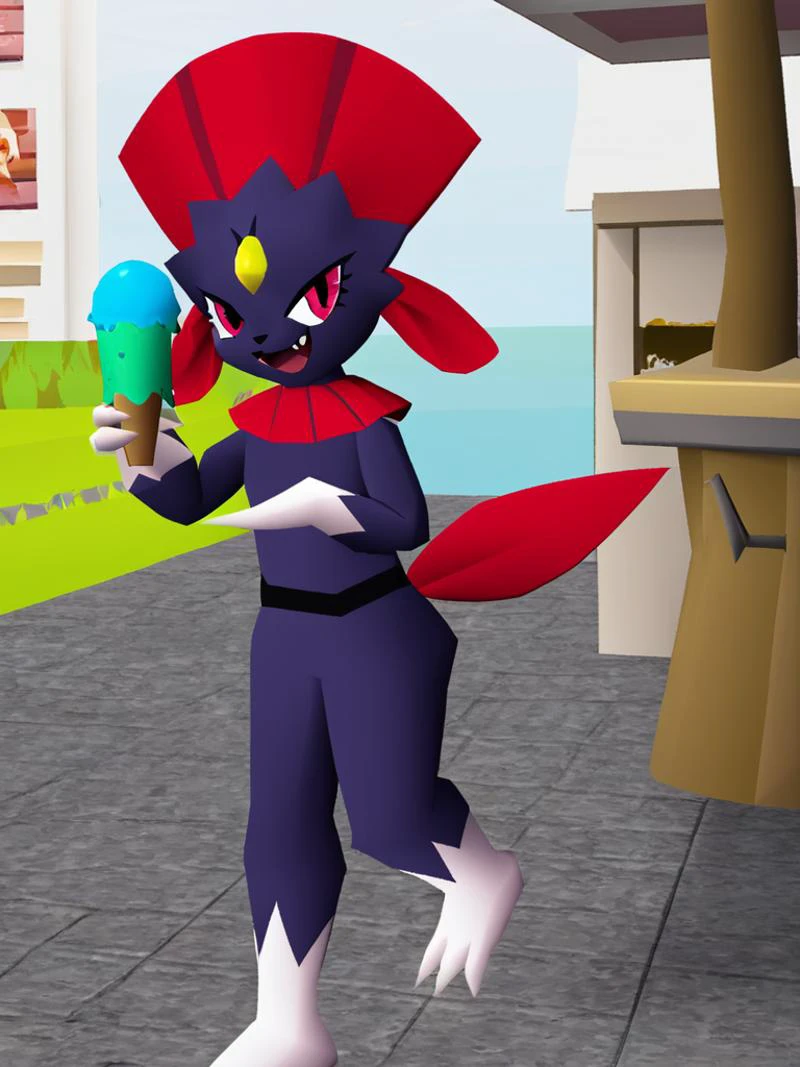 Weavile from pokemon, holding ice cream cone, happy,
in a street,solo, <lora:osrs character lora v0.2:0.85>