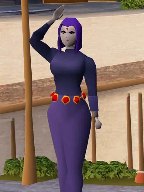 1 female , Raven from DC, outside, waving, solo, <lora:osrs character lora v0.2:0.85>