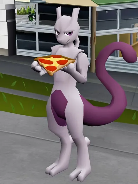 Mewtwo from pokemon , holding pizza, smug, looking at viewer, in a street,solo, <lora:osrs character lora v0.2:0.85>