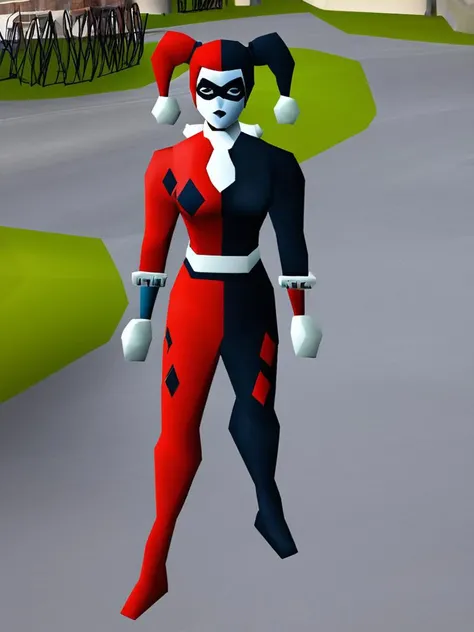 1 female, Harley Quinn from DC, in a street, standing, solo, <lora:osrs character lora v0.2:0.85>