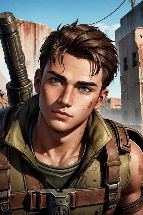 epic professional upper body headshot official art fallout young 20yo male raider, detailed face, smooth features, brunette hair, post-apocalypse, rust, detailed eyes, intricate details