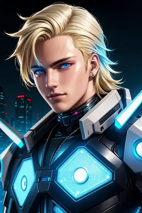 epic professional upper body headshot official art cyberpunk android young 19yo male model robot, detailed face, smooth features, blonde hair, silver PVC panels, neon-lit night city, detailed eyes