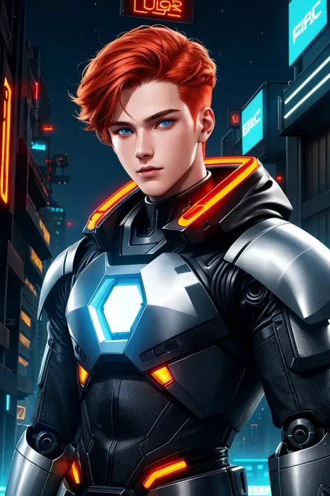 epic professional upper body headshot official art cyberpunk android young 19yo male model robot, detailed face, smooth features, ginger hair, silver PVC panels, neon-lit night city, detailed eyes