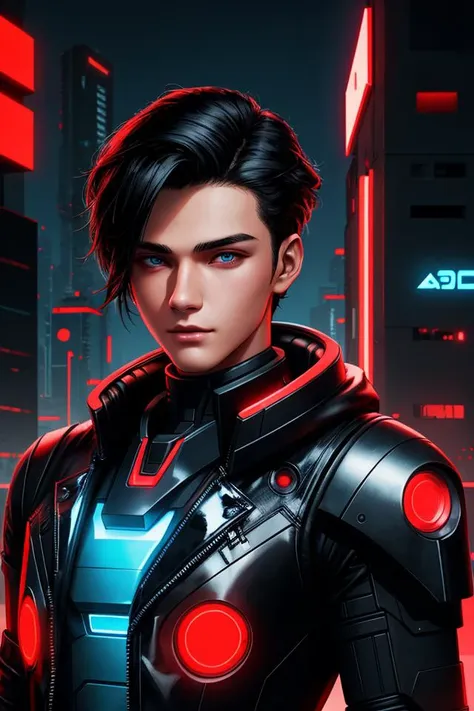 change background, handsome boy cyberpunk boy Beutifull haircut Red eye 8k