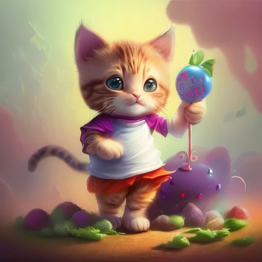 ((masterpiece:1.3,concept art,best quality)),very cute appealing anthropomorphic (kitten:1.3), looking at the fruit, big grin, happy, fruit, droplets, macro, fog, cartoon art, holding a sign that says ("404 error"), dynamic composition, dramatic lighting, epic realistic, award winning illustration