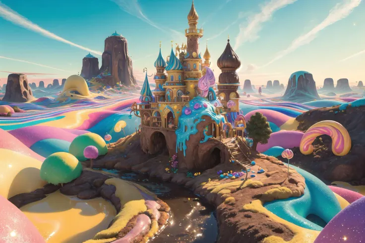 (Masterpiece, best quality:1.3), highly detailed, fantasy, , 8k, candyland, dynamic, cinematic, ultra-detailed, full background, fantasy, illustration, drip, sparkle, pancake:1.3), grass, syrup, glitter, scenery, ((no humans)), drizzle, beautiful, (shiny:1.2), various colors, monolithic, bloom:0.4, extremely detailed, (yellow and brown theme:1.3), striped, rainbow, (gradients), <lora:EMS-27722-EMS:1>