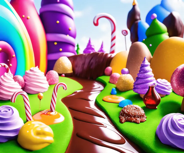 (Masterpiece, best quality:1.3), highly detailed, fantasy, 8k, digital illustration, original, 3d, tilt shift, stop motion, claymation, <lyco:Sweetscape-20:0.9>,  8k, (sweetscape), outdoors, candy, dynamic, cinematic, ultra-detailed, full background, valley, flower, oversized cupcake, oversized candy cane, drip, sparkle, chocolate, drizzle, glaze:1.3), chocolate bar, house, path, [candycane forest:0.4], beautiful, grass, syrup, glitter, scenery, ((no humans)), drizzle, beautiful, (shiny:1.2), various colors, bloom:0.4, extremely detailed, striped, rainbow, (gradients), lively, perfect composition