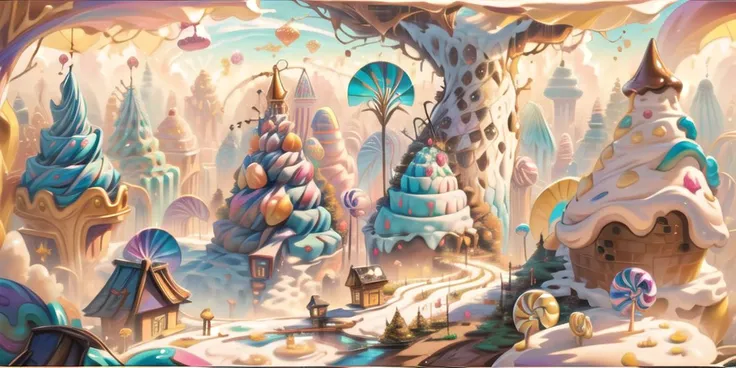 (Masterpiece, best quality:1.3), highly detailed, fantasy, , 8k, candyland, dynamic, cinematic, ultra-detailed, full background, fantasy, illustration, drip, sparkle, pancake:1.3), grass, syrup, glitter, scenery, ((no humans)), drizzle, beautiful, (shiny:1.2), various colors, monolithic, bloom:0.4, extremely detailed, (yellow and brown theme:1.3), striped, rainbow, (gradients),candyland,full background,Circle, <lora:EMS-27722-EMS:0.9>, <lora:EMS-179-EMS:0.4>