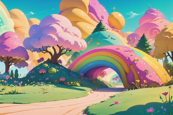 (Masterpiece, best quality:1.3), highly detailed, fantasy, , 8k, candyland, dynamic, cinematic, ultra-detailed, full background, fantasy, illustration, drip, sparkle, pancake:1.3), grass, syrup, glitter, scenery, ((no humans)), drizzle, beautiful, (shiny:1.2), various colors, monolithic, bloom:0.4, extremely detailed, (yellow and brown theme:1.3), striped, rainbow, (gradients),candyland, <lora:EMS-27722-EMS:1>