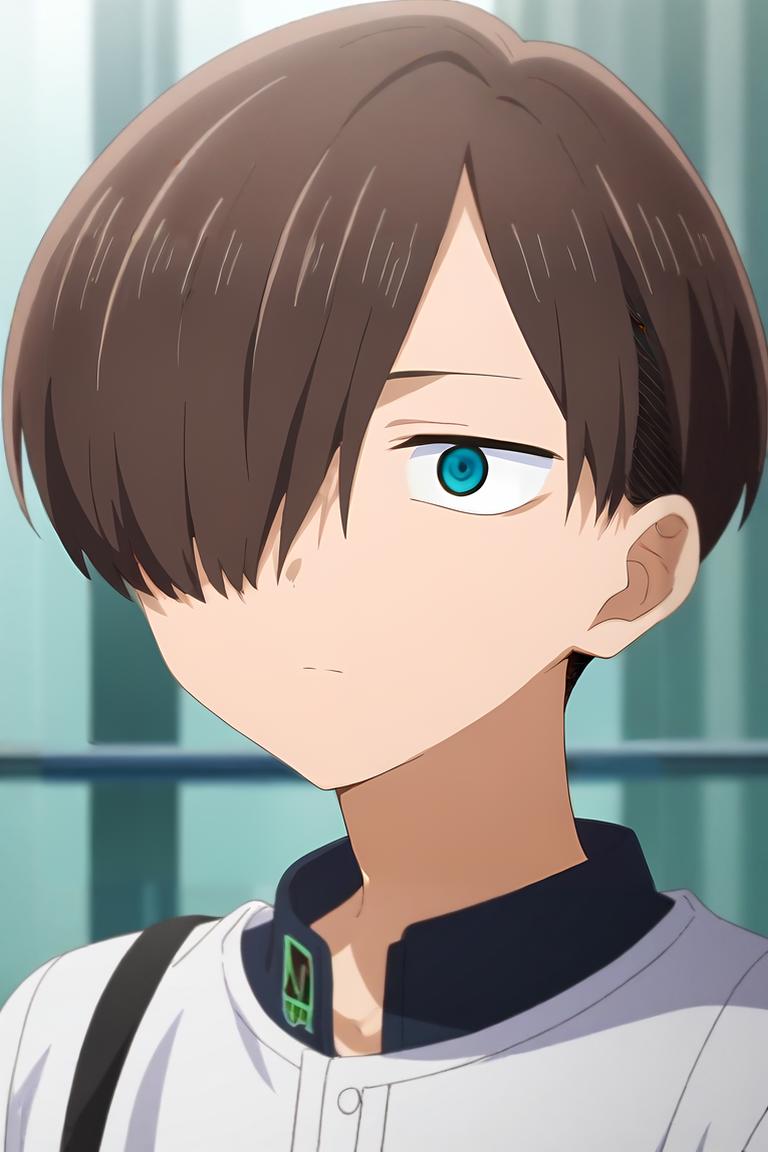 A close up of a person with a blue eye and a white shirt - SeaArt AI