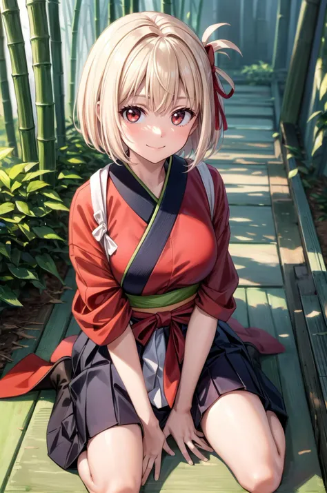 (masterpiece, best quality, detailed), 1girl, solo, chisato nishikigi, blonde hair, red eyes, short hair, medium breasts, looking at viewer,
(samurai), japanese armor, kusazuri, sode, kote, sheath, japanese clothes, hakama, outdoors, bamboo forest, nature, wariza, hand between legs, from above, smile, closed mouth