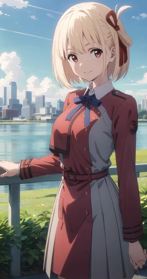 (masterpiece, best quality:1.4),looking at viewer,smile,cowboy shot,chisato nishikigi,blonde hair,short hair,red eyes,medium breasts,hair ribbon,lycoris uniform,long sleeves,two-tone dress,pleated dress,collared shirt,kneehighs,outdoors,grass,skyline,sunny,<lora:chisato_nishikigi_v1:0.7>,