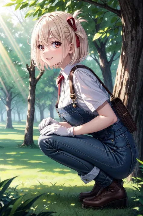 (masterpiece, best quality, detailed), 1girl, solo, chisato nishikigi, blonde hair, red eyes, short hair, medium breasts, looking at viewer,
overalls, white shirt, short sleeves, white gloves, outdoors, forest, nature, grass, tree, flower, leaf, sunlight, light rays, squatting, from side, parted lips, smile