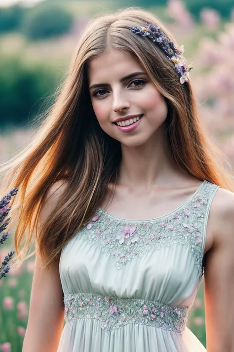 EmelieC_SoloTI_v1,
(happy, sweet smile:1.3),
(In a flowing dress of soft lilac chiffon, adorned with delicate lace and adorned with sparkling crystals, for a dreamy and enchanting look), (Amidst a field of wildflowers in full bloom, where the gentle breeze carries the scent of lavender and the song of birds fills the air, a sense of purity and innocence surrounds the ethereal figure of Lilies:1.3), (seductive:1.3),(analog, cinematic, film grain, hazy atmosphere, cinematic shot:1.3),
<lora:add_detail:0.6>, PA7_Portrait-MCU,