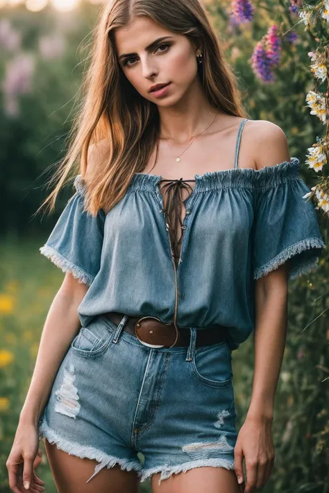 EmelieC_SoloTI_v1,
(A rustic peasant blouse, paired with embroidered denim shorts and worn-out boots, for an earthy and folk-inspired style:1.1), ((In a quaint countryside village, with blooming wildflowers and the sound of acoustic guitars, as stories are shared and melodies are woven:1.2)), (seductive), photorealistic, masterpiece, high quality, artistic, unique, award winning photograph, professional, 8k, RAW photo, best quality,flattering, (cinematic:1.3),
<lora:add_detail:0.6>, PA7_Portrait-MCU,