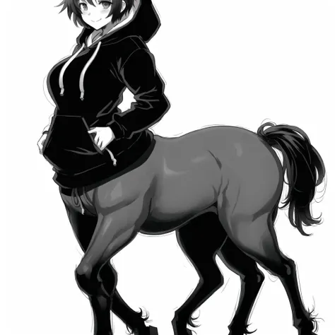 <lora:centaur_centaur-1--centaur-2_centaur-3--retro_ham_avas_jun_rifl--08-02:1.0>,
(centaur, taur, centauroid:1.0),
full body,
1girl, artist name, bangs, breasts, cowboy shot, dated, drawstring, from side, greyscale, hood, hood down, hoodie, huge breasts, looking at viewer, monochrome, short hair, simple background, smile, solo, thighs, tomboy, white background