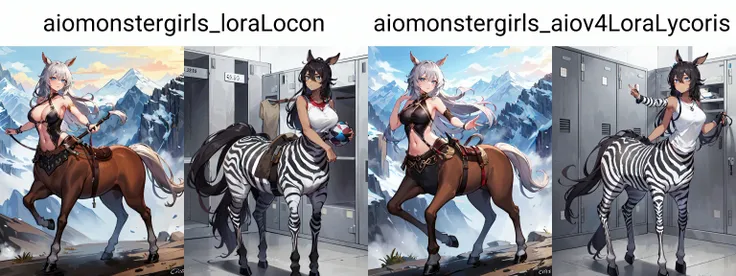 ((best quality)), ((highly detailed)), absurdres, (detailed eyes, deep eyes), (1girl), dynamic pose, cowboy shot, <lora:aiomonstergirls_loraLocon:.3>, <lora:animeCentaur_v10:1>, (centaur), taur, horse ears, hooves, criss-cross halter, (outside, at a mountain range, afternoon)