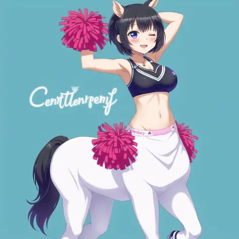 <lora:centaur_centaur-1--centaur-2_centaur-3--retro_ham_avas_jun_rifl--08-02:1.0>,
(centaur, taur, centauroid:1.0),
full body,
1girl, alternate costume, armpits, big eyes, black hair, blush, bracelet, breasts, character name, cheerleader, copyright name, highres, jewelry, kneehighs, looking at viewer, loose socks, miniskirt, one eye closed, open mouth, panties, pantyshot, pom poms, shoes, short hair, skirt, sleeveless, smile, sneakers, socks, solo, underwear, v