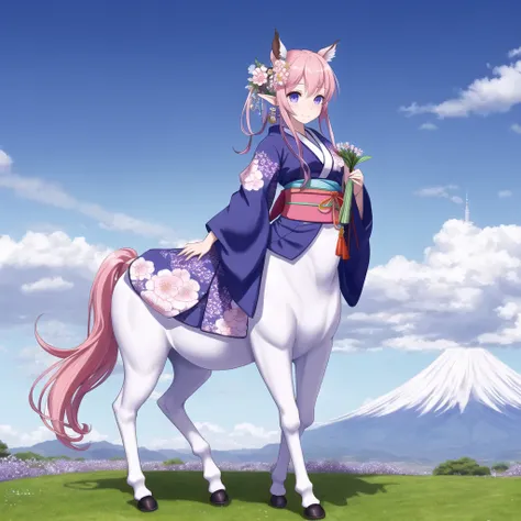 <lora:centaur_centaur-1--centaur-2_centaur-3--retro_ham_avas_jun_rifl--08-02:1.0>,
(centaur, taur, centauroid:1.0),
(full body:1.3),
1girl, blue sky, closed mouth, clouds, day, floral print, hair ornament, hair rings, highres, holding, japanese clothes, kei-ne, kimono, long hair, long sleeves, looking at viewer, outdoors, pink hair, pointy ears, sky, smile, solo, upper body, violet eyes, white kimono
