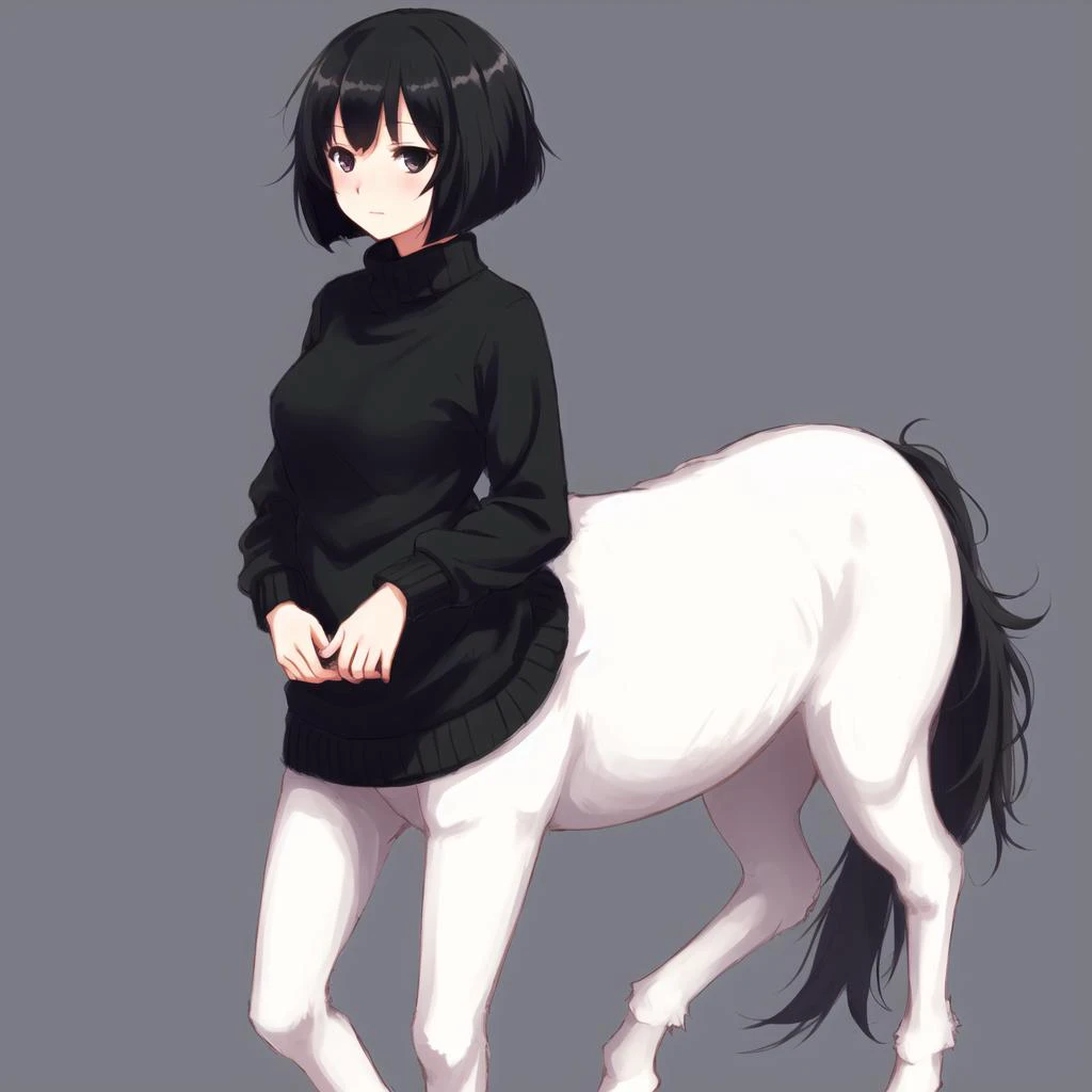 <lora:centaur_centaur-1--centaur-2_centaur-3--retro_ham_avas_jun_rifl--08-02:1>,
centaur, taur, centauroid,
masterpiece, best quality, 1girl, solo, black eyes, black hair, black sweater, bob cut, closed mouth, medium hair, simple background