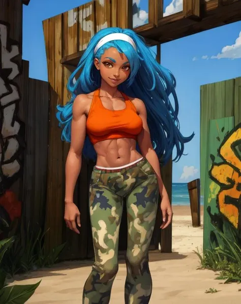 Frida, long blue hair, brown eyes,
orange top, white hair band, camouflage pants, midriff,
beach, wooden floor, giant leaf, windy,
upper body, smile,
(insanely detailed, beautiful detailed face, masterpiece, beautiful detailed eyes, best quality) <lora:Frida-10:0.7>