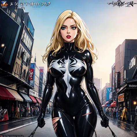 ((best quality)), (highly detailed:1.3), masterpiece, ((official art)),1girl,
<lora:SV_v1:0.4>, bodysuit,large breasts,blonde_hair,solo,spider_web,torn_bodysuit,torn_clothes,black latex bodysuit, symbiote,she-venom,