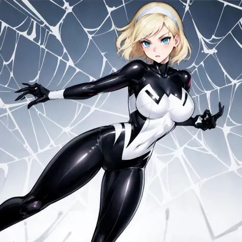 ((best quality)), (highly detailed:1.3), masterpiece, ((official art)),1girl,
<lora:SV_v1:0.45>, bodysuit,large breasts,solo,(spider_web), blue eyes, (nipples:0.5), black and white clothes,blonde hair, spider-gwen, headband,