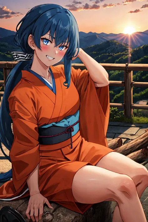 (masterpiece, best quality), outdoors, sunset, cowboy shot, 1girl, solo, NFarionManityro, blue eyes, blue hair, low ponytail, <lora:NFarion_V1-Manityro-prodigy:1>, toned, looking at viewer, parted eyes, smile, teeth, blush, sitting, log, japanese clothes, mountainside