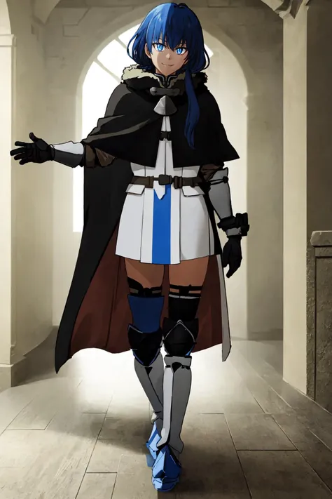 (masterpiece, best quality), indoors, 1girl, solo, NFarionManityro, blue eyes, blue hair, low ponytail, <lora:NFarion_V1-Manityro-prodigy:1>, toned, looking at viewer, smile, against wall, castle, peeking out, peeking around corner, hiding, head tilt, cloak, fur trim, armor, breastplate, thigh boots, belt, elbow gloves, black thighhighs