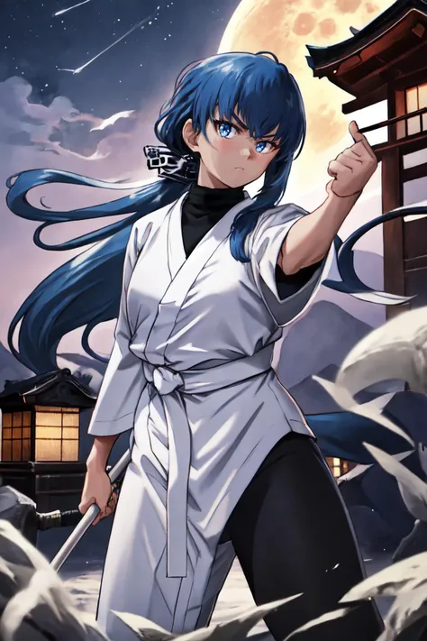 (masterpiece, best quality), outdoors, night, moon, 1girl, solo, NFarionManityro, blue eyes, blue hair, low ponytail, <lora:NFarion_V1-Manityro-prodigy:1>, toned, looking at viewer, serious, white hakama, japanese clothes, black undershirt, turtleneck, sash, short over long sleeves, (holding staff, fighting stance)