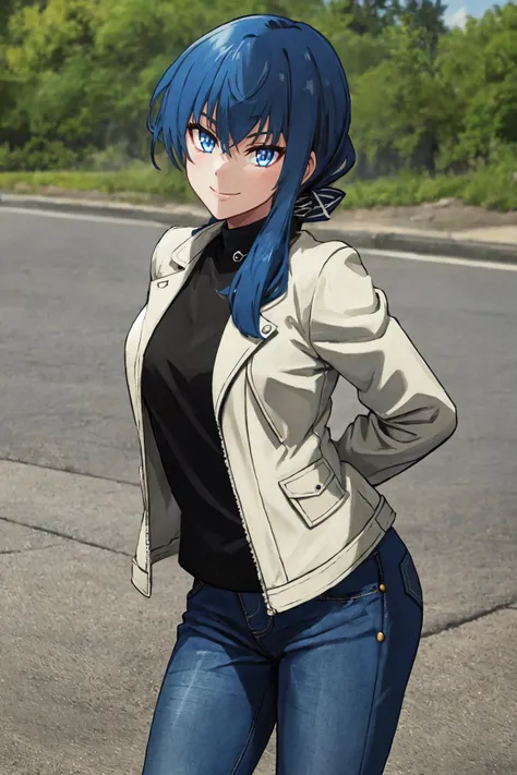 (masterpiece, best quality), outdoors, day, cowboy shot, 1girl, solo, NFarionManityro, blue eyes, blue hair, low ponytail, <lora:NFarion_V1-Manityro-prodigy:1>, toned, looking at viewer, smile, casual, leather jacket, jeans, arms behind back, leaning forward