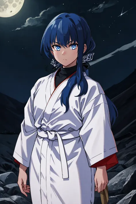 (masterpiece, best quality), outdoors, night, moon, cowboy shot, 1girl, solo, NFarionManityro, blue eyes, blue hair, low ponytail, <lora:NFarion_V1-Manityro-prodigy:1>, toned, looking at viewer, white hakama, japanese clothes, black undershirt, turtleneck, sash, short over long sleeves,